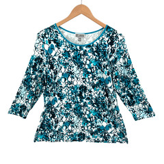 JM Collection Petite P/XL Blue Teal Abstract Print 3/4 Sleeve Stretch Top