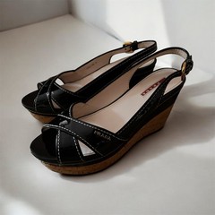PRADA Black Patent Leather Slingback Wedge Sandals Cork Heel Size EU 39