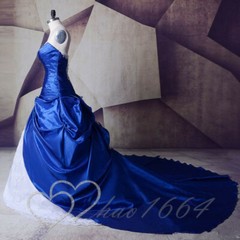 Royal Blue White Satin Ball Gown Wedding Dresses Lace Applique Long Train