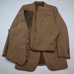 Vtg 3 Piece 38L 29×32 Khaki Vest Bootcut Flared Mens Jacket Pants Suit