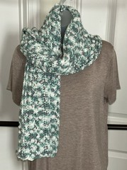 Crocheted Scarf Teal White Grey – Stylish, Fall Winter Unique Design Gift Idea