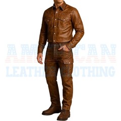 Handmade Men Brown Genuine Leather Shirt and Cargo Pants Set Western Style Two