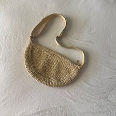Uniqlo Woven Paper Straw Crochet Mini Round Crossbody Crescent Bag Beige Boho