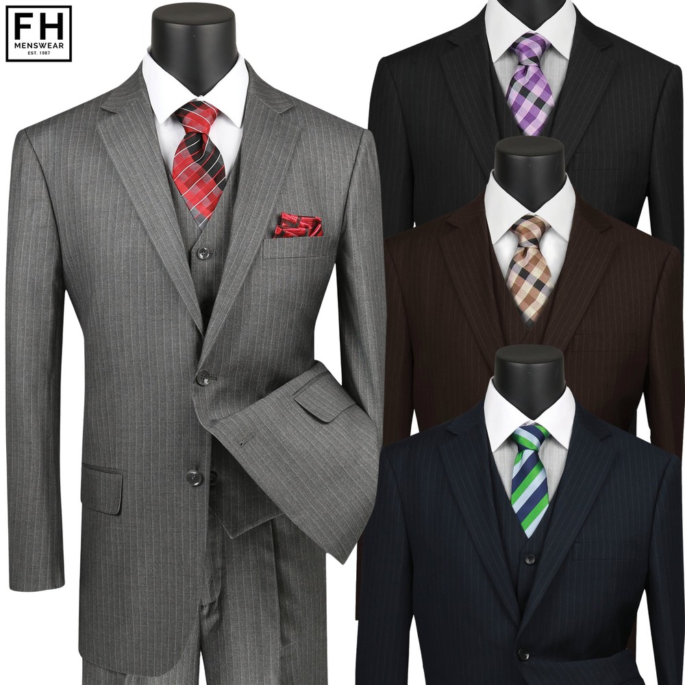 VINCI Men’s Pinstripe 3-Piece Suit 38S-62L, 4 Colors, Classic Fit – NEW