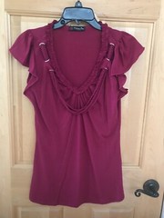 VOLUME ONE JUNIORS PULLOVER CAP SLEEVE KNIT TOP BLOUSE RUFFLE & ROPE FANCY FRONT