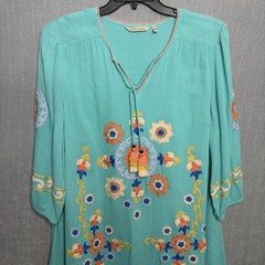 Soft Surroundings Artisan Embroidered Boho Tunic Dress Turquoise Size P XL Beach