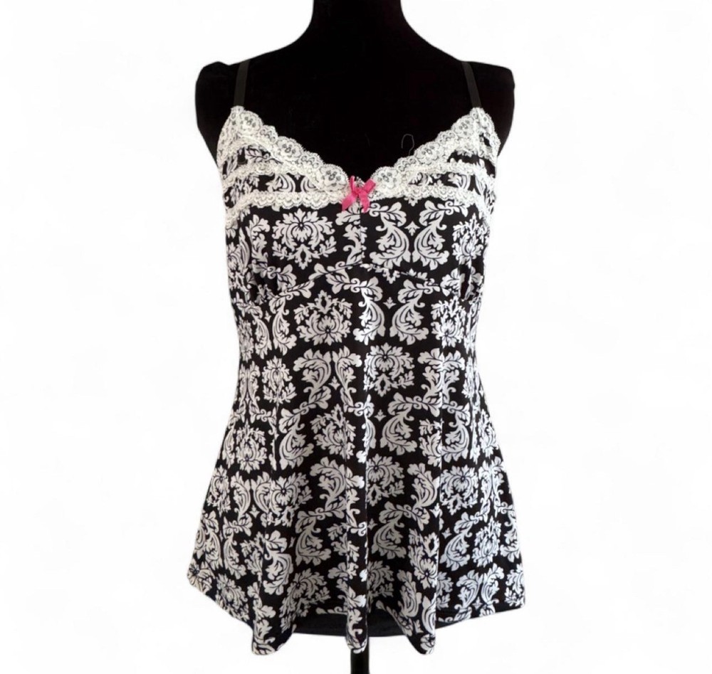 Baby Phat Women’s Damask Camisole Top Black/White Lace Trim Bow Adjustable M