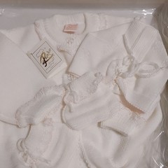 Renzo Baby Layette Set White Knit Sweater Hat Booties Machine Washable 3 Piece