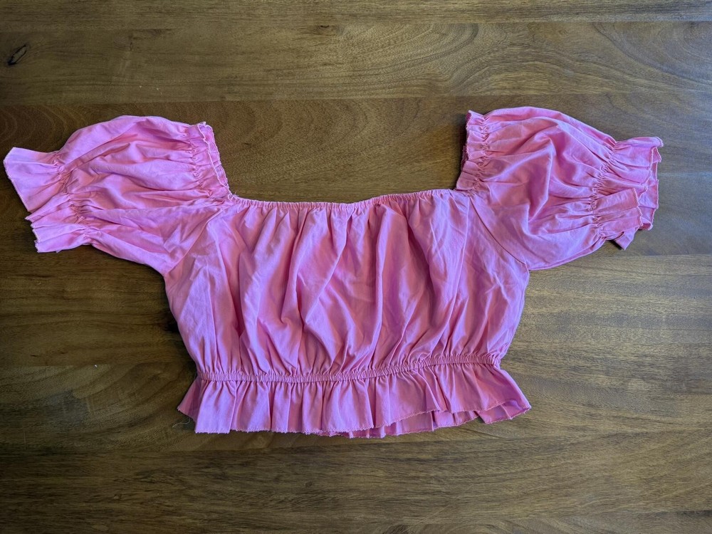 Pink Puff Sleeve Crop Top Peplum Smocked Blouse Shein size Small