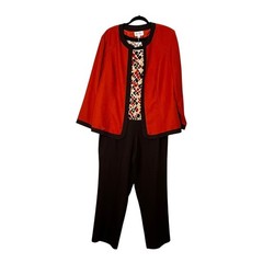 Studio I Womens 18W 3 Piece Pant Suit Set Orange Red Jacket Brown Pants Shell
