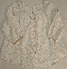 Charter Club Women’s Linen Blend P/ XL Gold Button Ruffle Blouse Beige Floral