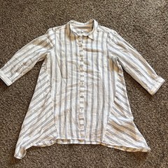 Foxcroft Linen Blend Tunic White/Blue Stripe Sz 8 Beachy Classic Asymmetrical