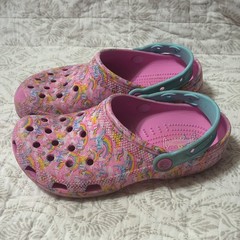 Lisa Frank Rainbow Unicorn Classic Crocs with a vibrant pink and blue scheme
