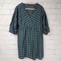Madewell Green Navy Plaid Wrap Dress Womens S Puff Balloon Sleeve Mini Babydoll