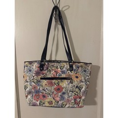 Sakroots Floral Embroidered Straw Tote Bag Navy Blue Butterfly Bee Summer Beach