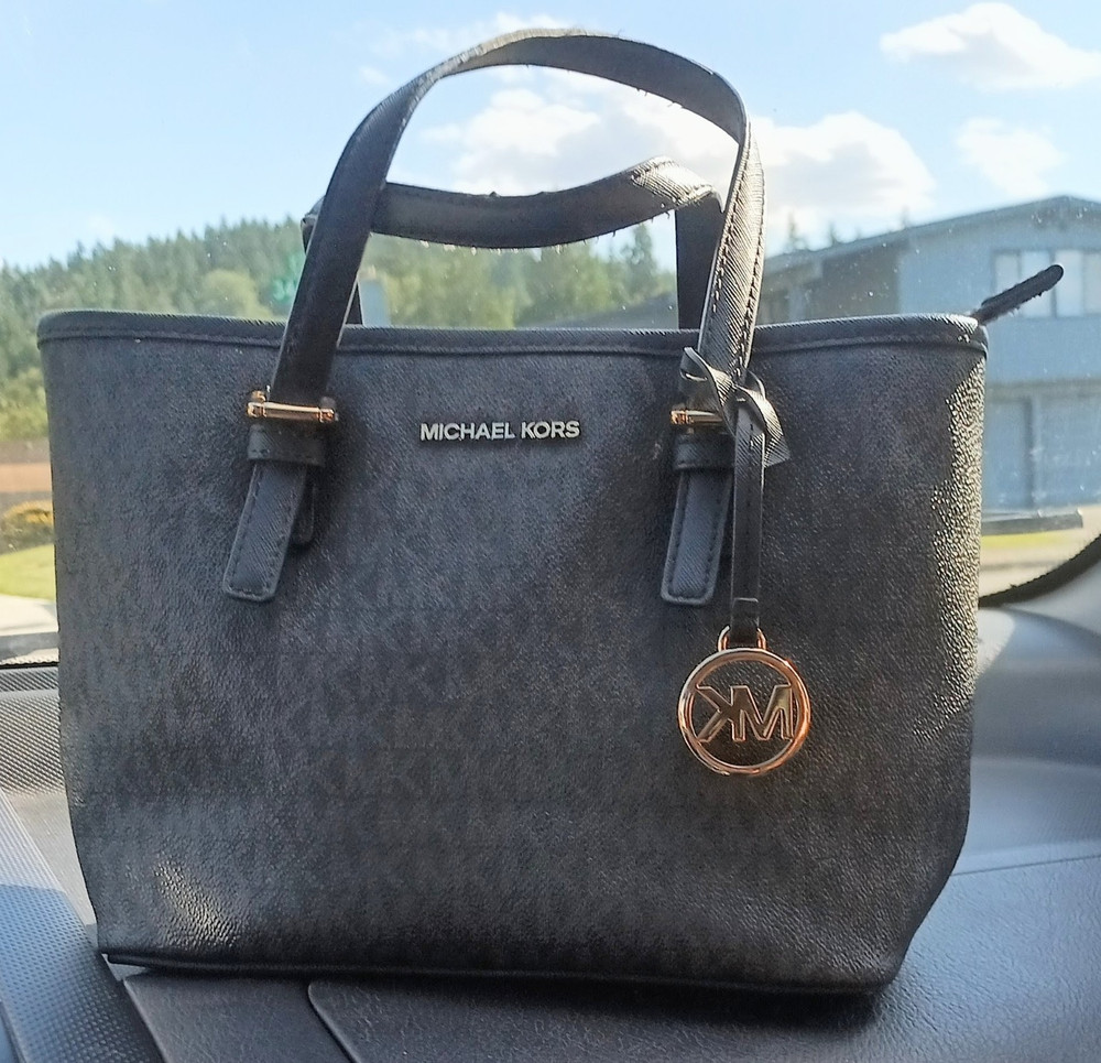 Michael Kors Women’s Black Logo Tote, Gold Hardware, MK Charm, Zip Closure
