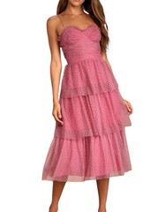 Lulu’s Sweetheart Style Mauve Polka Dot Bustier Tiered Midi Dress Size S