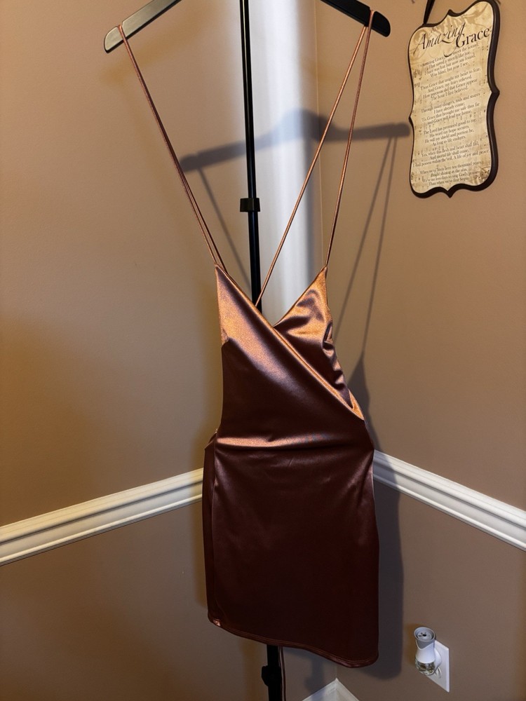 MADRAG Brown Satin Backless Lace-Up Mini Slip Dress V-Neck Strappy Sleeveless S
