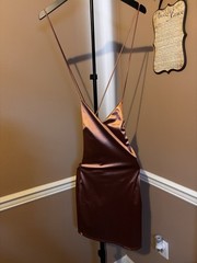 MADRAG Brown Satin Backless Lace-Up Mini Slip Dress V-Neck Strappy Sleeveless S
