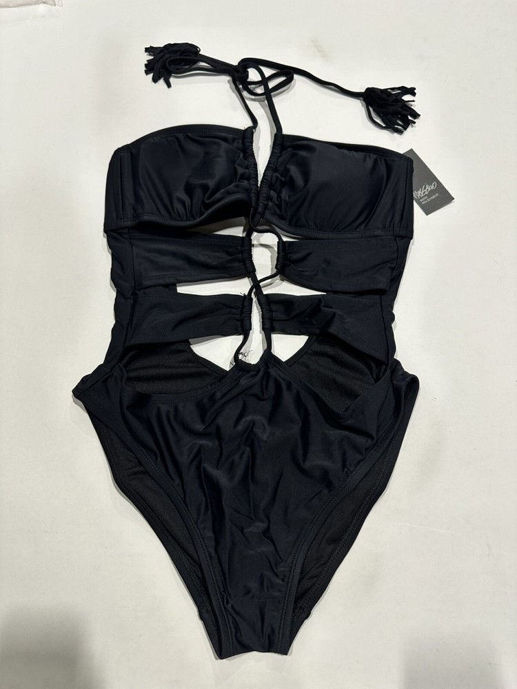 Women’s Cut Out Halter One Piece Swimsuit Black Large NEW