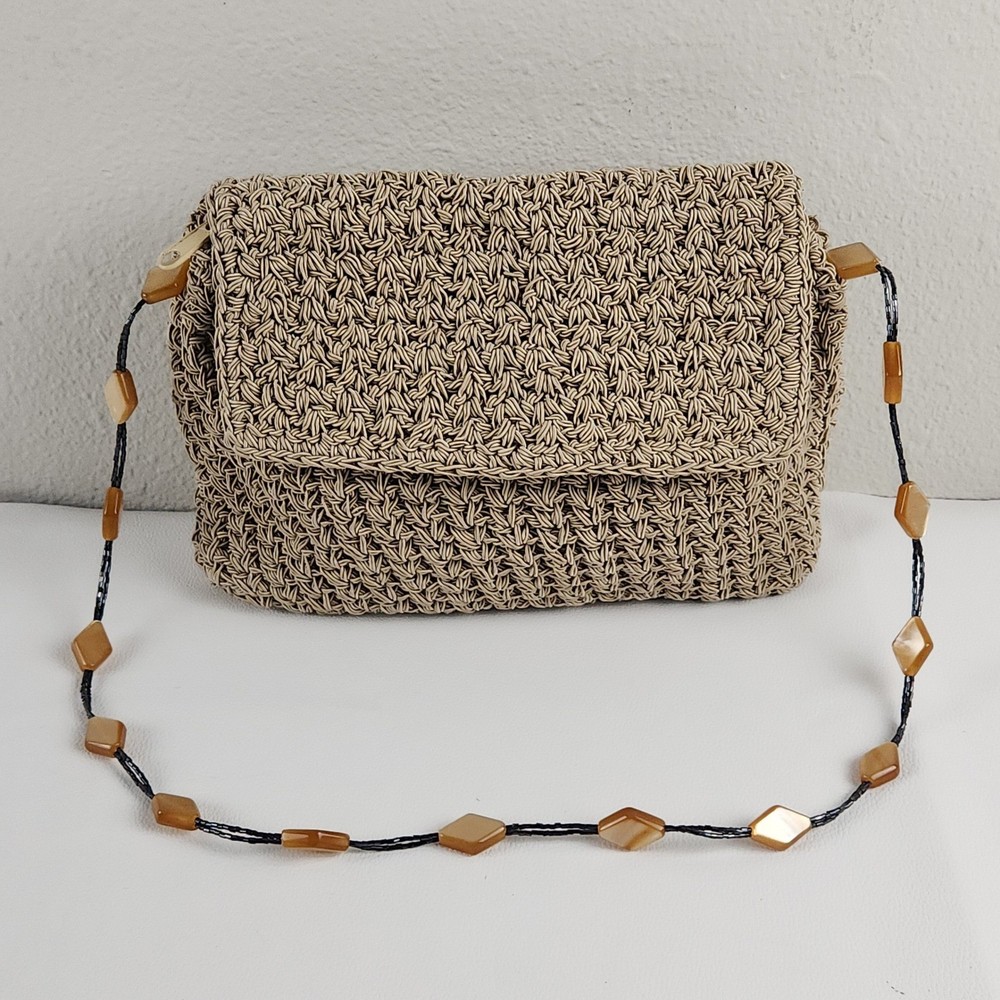 Crochet Works Shoulder Bag Purse Tan Beaded Strap Small Boho Knit Neutral