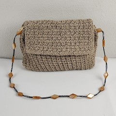 Crochet Works Shoulder Bag Purse Tan Beaded Strap Small Boho Knit Neutral