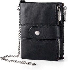 Real Leather Bifold Wallets for Men Double Zip Coin Pocket Purse with Chain