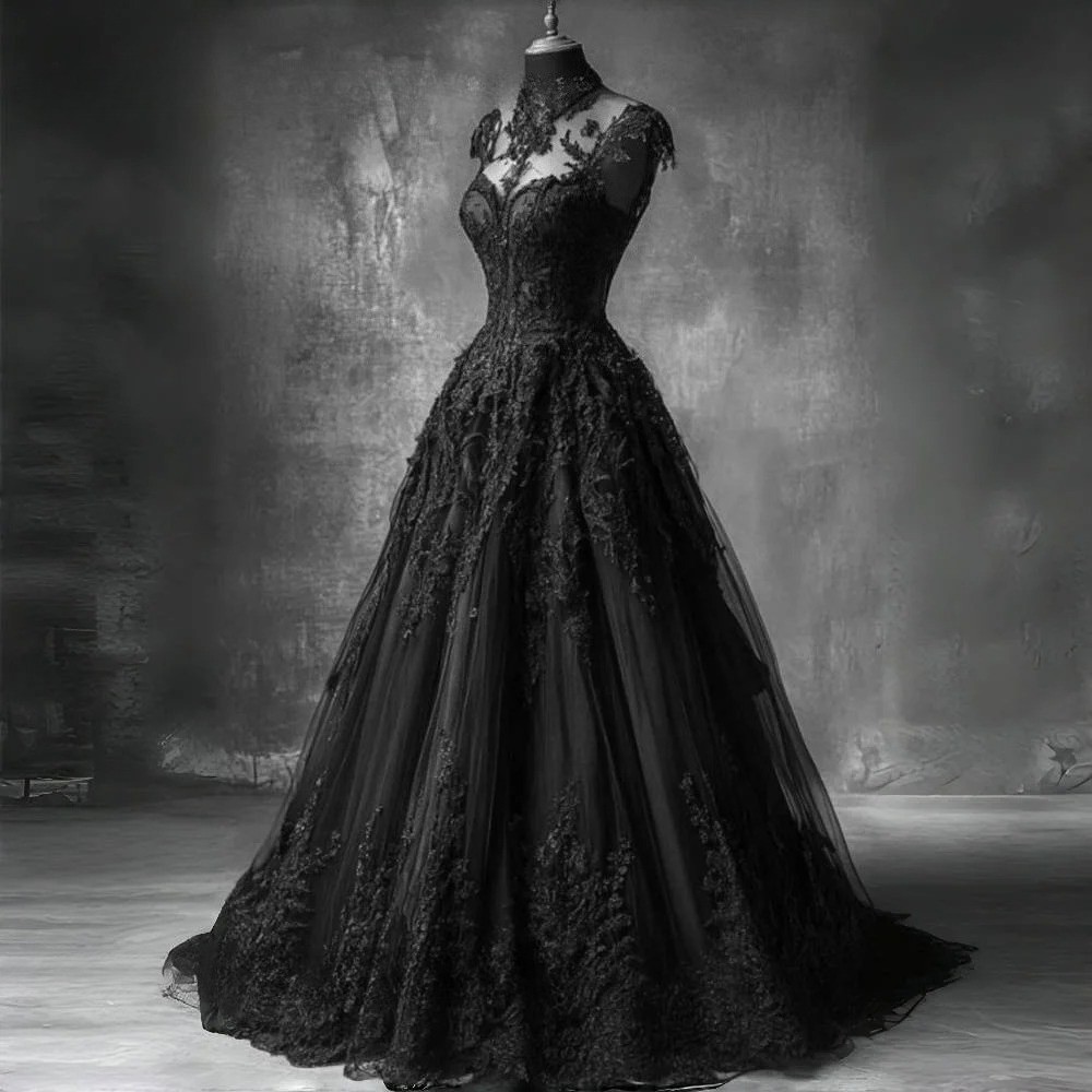 Black Lace Gothic Wedding Dresses Jewel Neck Sleeveless Vintage Bridal Gowns ﻿