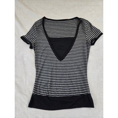 SHEIN Womens XS Black Grey Striped Deep V-Neck Short Sleeve Fitted Top 2192