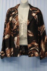 Chico’s 100% silk black & brown abstract print ltwt l/s open jacket size 3