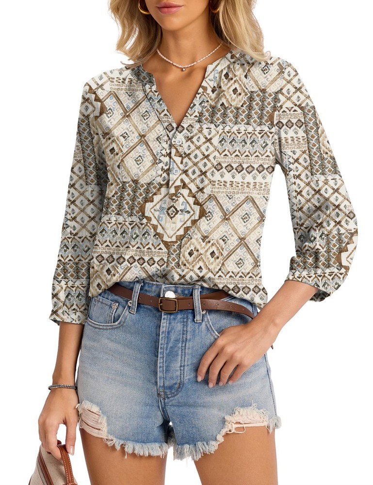 LOMON Women’s XXL Henley V Neck Tunic Top 3/4 Sleeve Boho Geometric Blouse NWT
