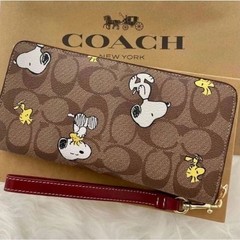 COACH x PEANUTS Long Zip around Wallet Snoopy Woodstock Khaki Signature F/S