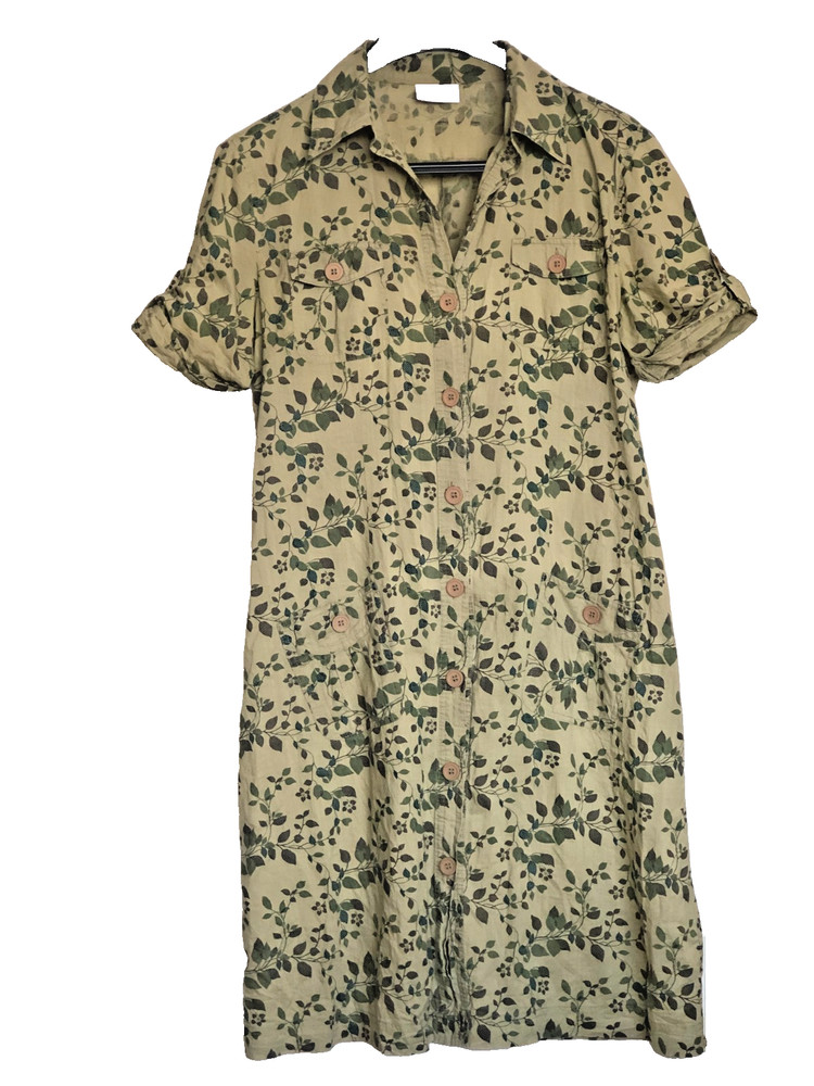 Flash Shirt Blouse Dress Midi Casual Button Front V Neck Green Size M