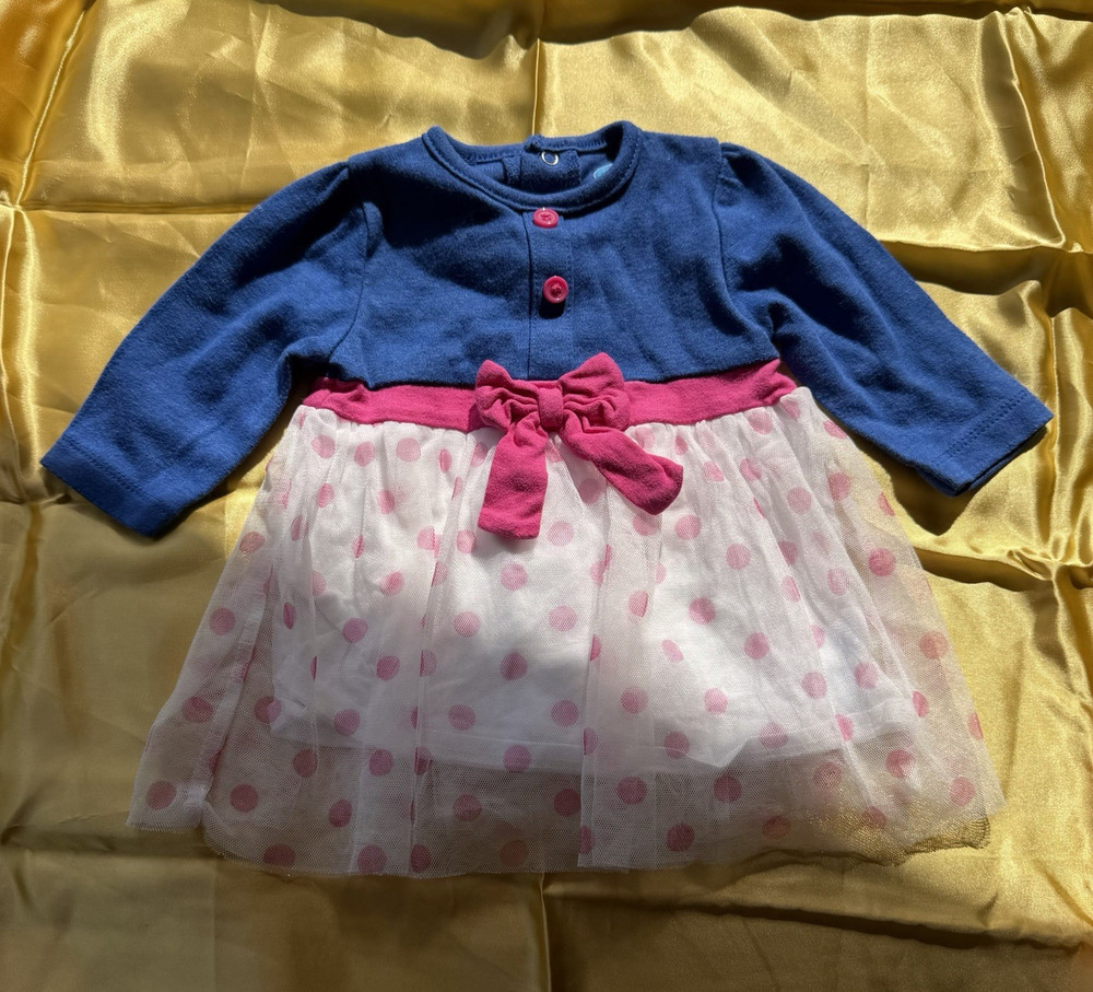 Bon Bebe Girls 3-6M Blue/Pink Polka Dot Tulle Fit & Flare Long Sleeve Bow
