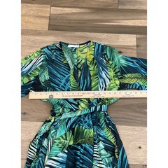 R.Vivimos L Blue Green Leaf Chiffon Wrap Maxi Dress Long Sleeve High Low