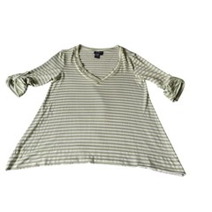 Max Edition Striped V Neck Tunic Top Womens Small Green White Ruched Sleeve