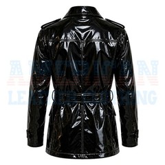 Men’s Glossy Black PVC Trench Jacket Belted Vinyl Coat with Utility Pockets