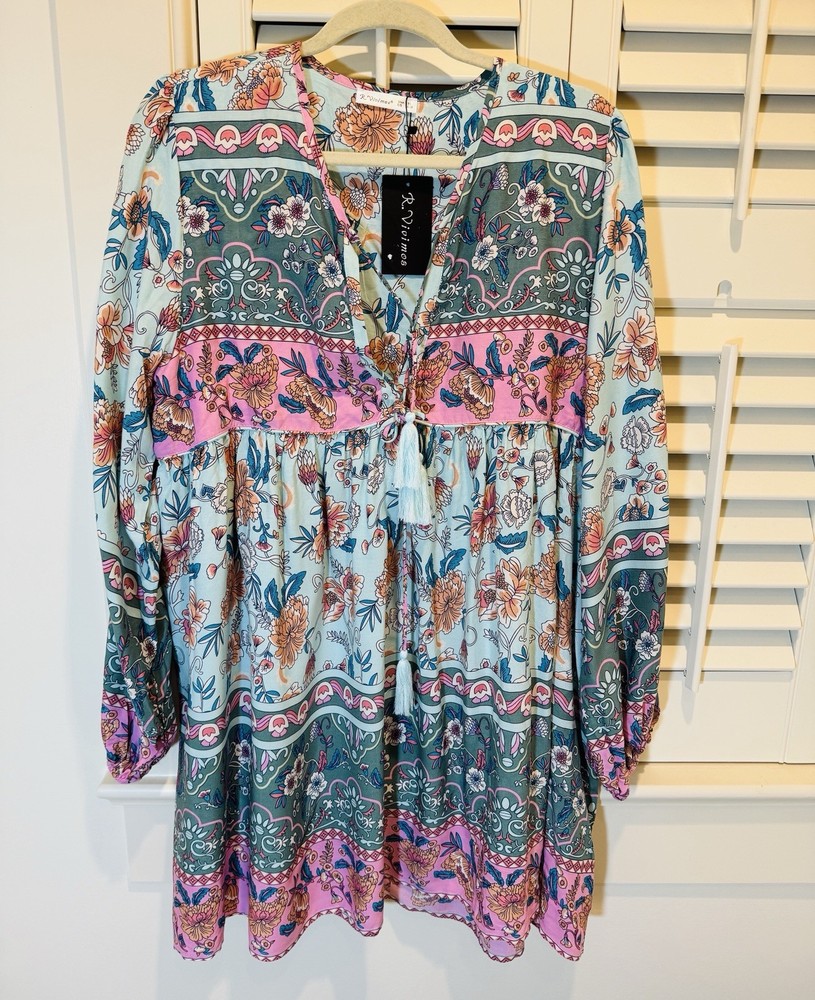 R.Vivimos Women Size XL Long Sleeve Green Pink Floral V Neck Boho Dress NWT