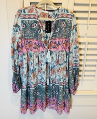 R.Vivimos Women Size XL Long Sleeve Green Pink Floral V Neck Boho Dress NWT