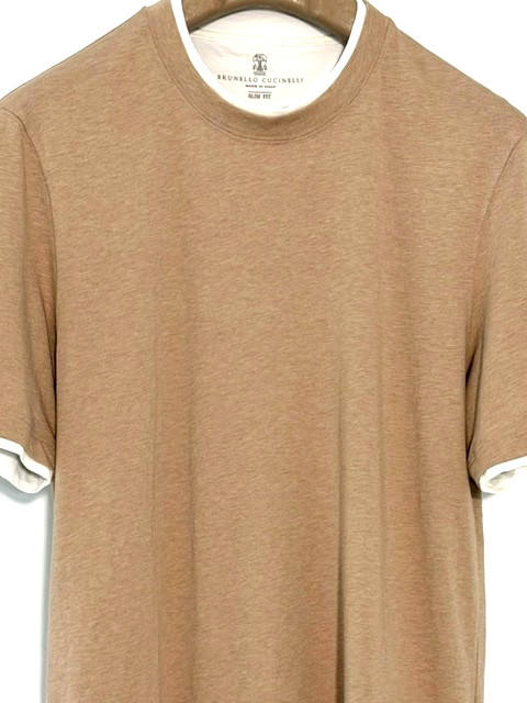 BRUNELLO CUCINELLI Men’s Beige/White Layering Cotton T-shirt Slim Fit Size M