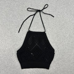 Hunter & Brown Halter Crop Top S Black Crochet Knit Backless Adjustable Tie-Back