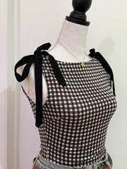 CIDER Women’s Gingham Tie Shoulder Top XXS Black White NWT
