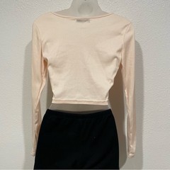 shein beige ribbed front tie crop long sleeve blouse top shirt