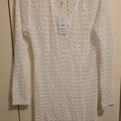 Salty Lemon White Crochet Knit Long Sleeve V-Neck Long Cover Up S/M