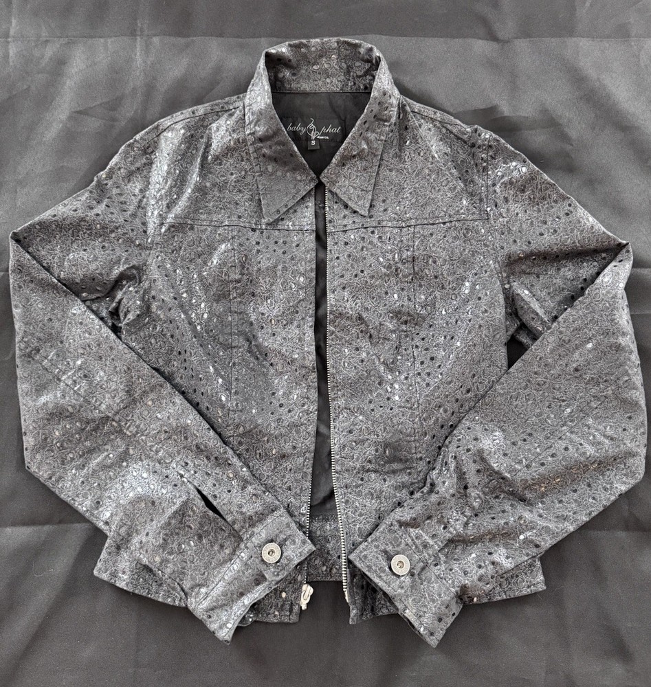 Vintage Baby Phat Womens Y2K Perforated Jacket Black Gray Size S USA