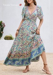 R. VIVIMOS BOHO FLORAL PAISLEY SHORT SLEEVE V-NECK TIERED MAXI DRESS MSRP $29