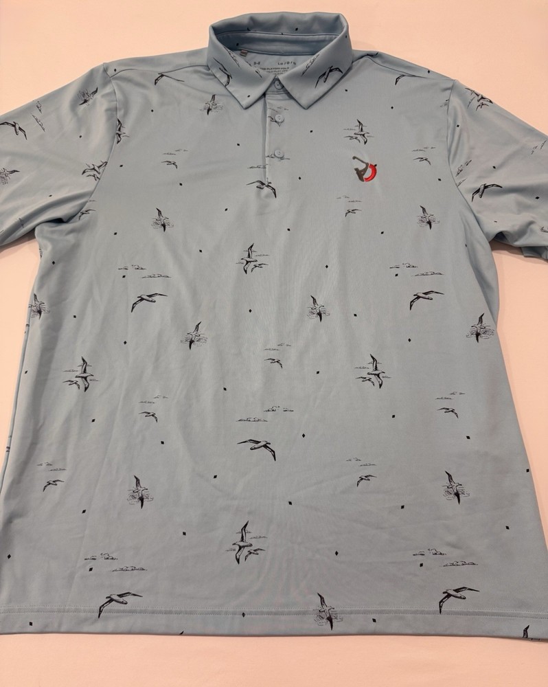 Under Armour Mens The Playoff Polo Large Blue Bird Pattern Loose Fit Shirt