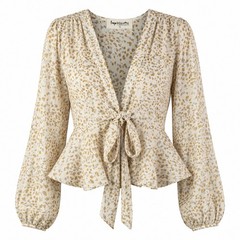 NWT Impressions Peplum Tie Front Blouse Small Cream Long Sleeve