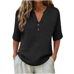 Women Linen Shirt V Neck 3/4 Sleeve Loose Fit Button Down Summer Top