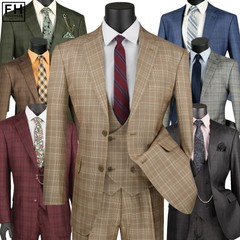 VINCI Men’s Sharkskin Glen Plaid Suit 36S-56L, 3-Pc, 5 Colors, Classic – NEW